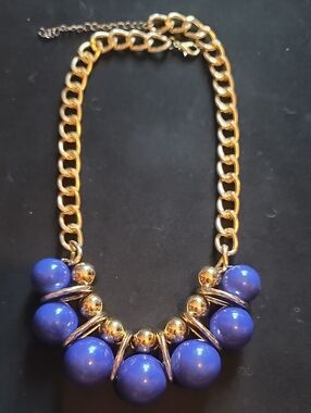 Gold Chain Statement Necklace with Blue Beads